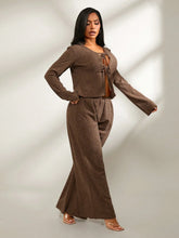 2pcs Set Brown Comfortable Casual Home Outfit, Long Sleeve Cardigan + Wide Leg Low Waist Pants, Autumn/Winter